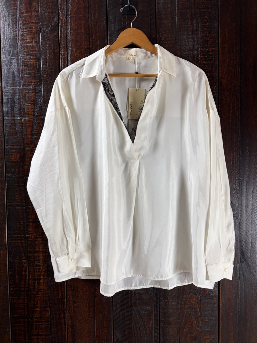 The Korner Women’s Creamy White Satin Oversized Blouse with Black Lace